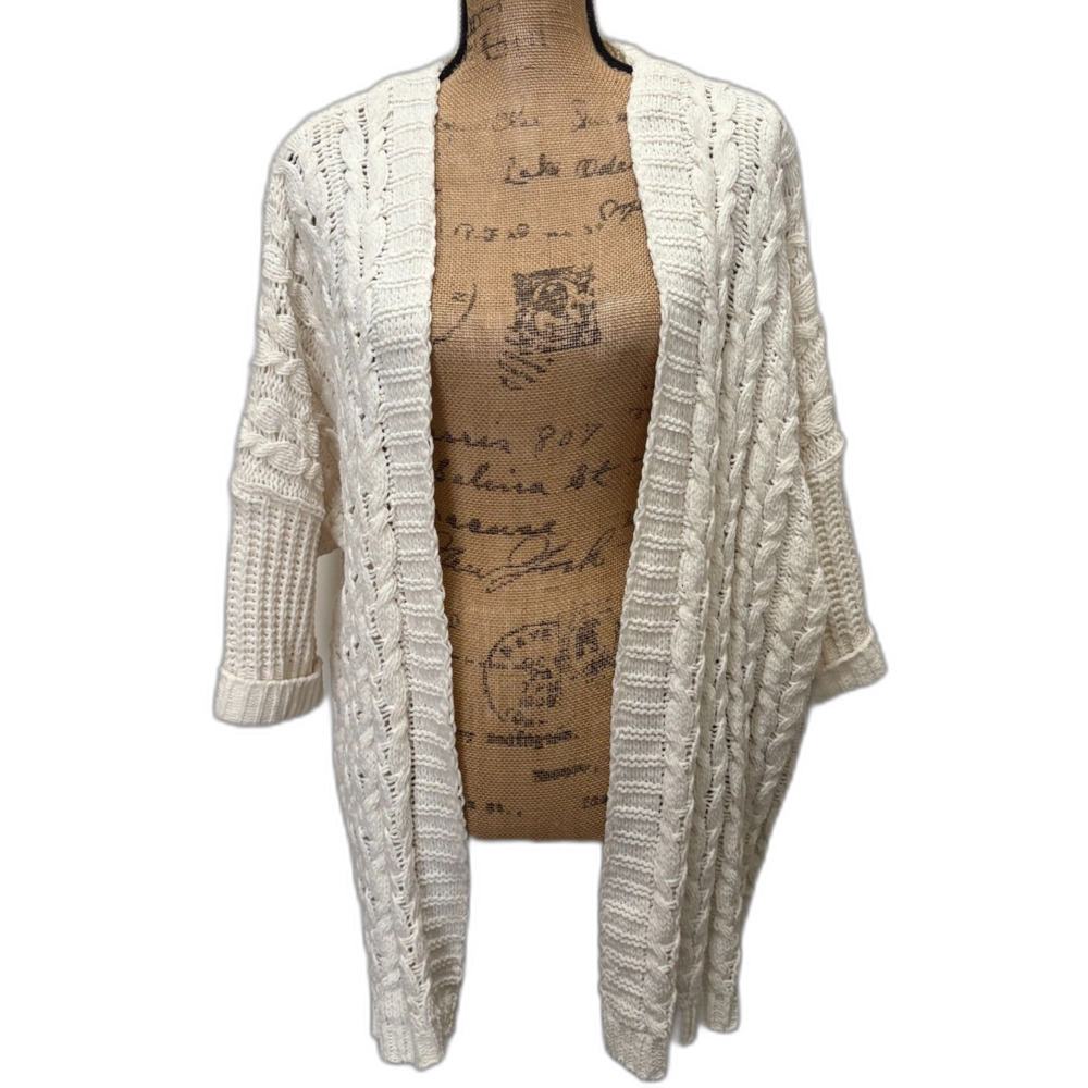 Umgee Chunky‎ Knit Kimono Open Front Cardigan Short Sleeve Cream Boho Size S/M